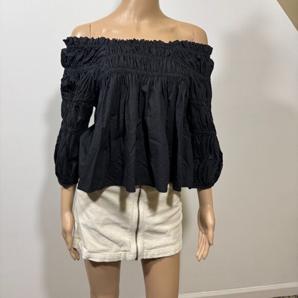 Free People sz XS Black Off Shoulder Smocked Peasant Baby Doll Blouse Crop Top - Picture 1 of 6